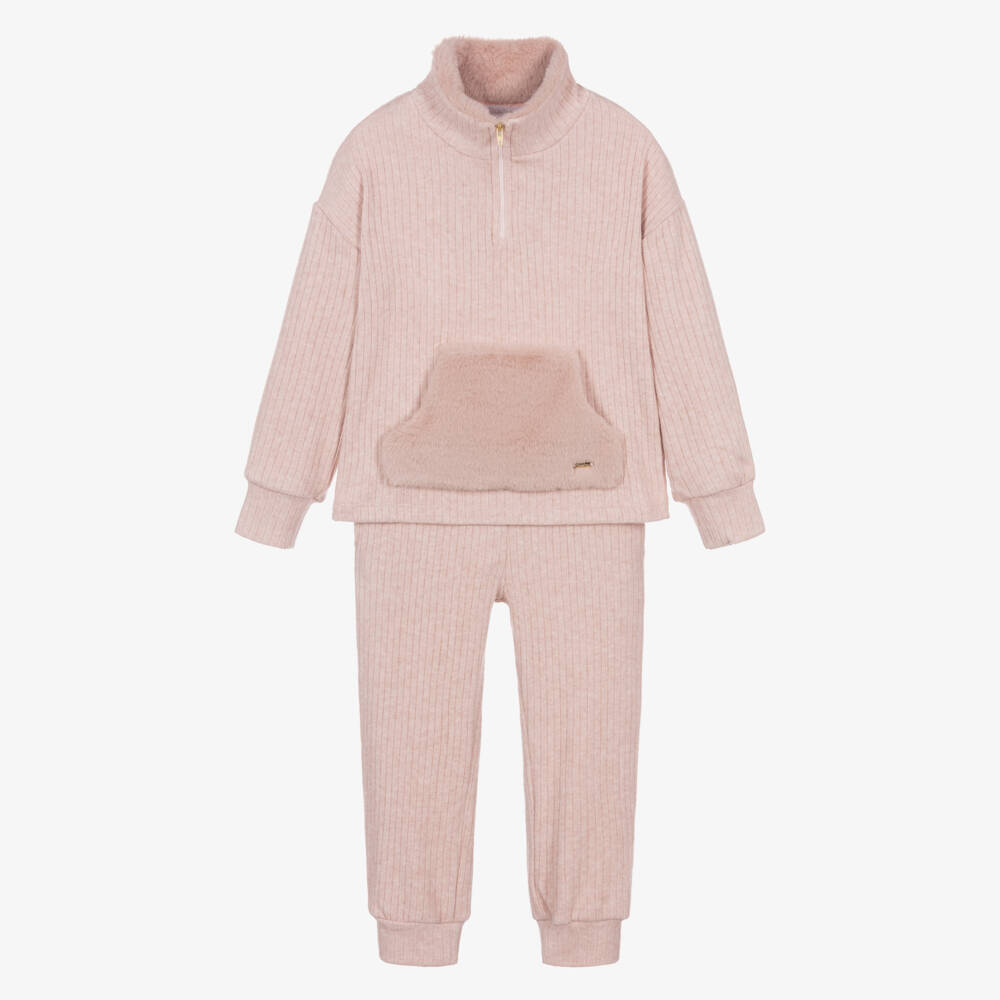 Patachou-Girls Pink Ribbed Tracksuit with Faux Fur Trims | Childrensalon