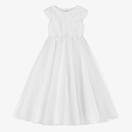 Sarah Louise-Girls White Floral Embroidery & Bead Tulle Dress | Childrensalon
