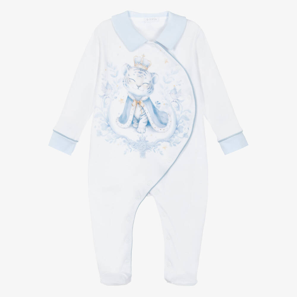 Sofija-Boys White Cotton Tiger Print Babygrow | Childrensalon